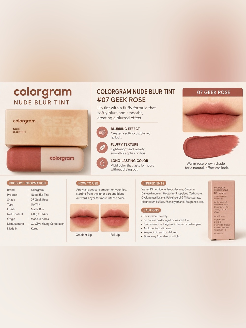 Cologram Nude Blur Tint – #07 Geek Rose (K-Beauty Lip Tint)
